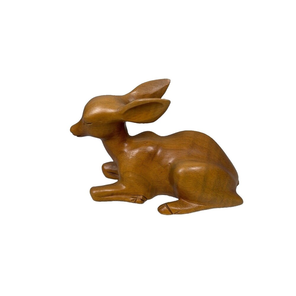 Vintage Hand Carved Wood Deer Figurine Reclining Doe MCM Woodland Decor Statue